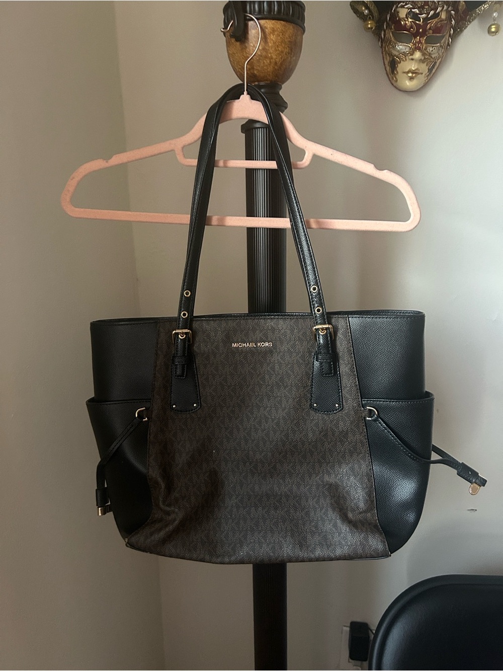 Michael Kors Brown & Black Logo Tote with Gold Hardware